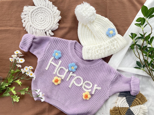 Yarn *CUSTOM* Name Chunky Knit Sweater & Hat Combo | 16 Color Sweaters & 6 Color Hats