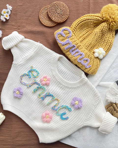 Yarn *CUSTOM* Name Chunky Knit Sweater & Hat Combo | 16 Color Sweaters & 6 Color Hats