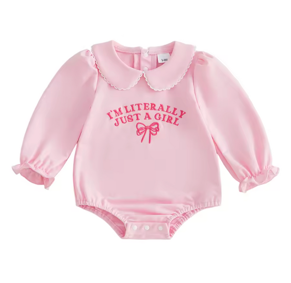 Smocked Collar Long Romper | Pink Im literally just a Girl - PREORDER