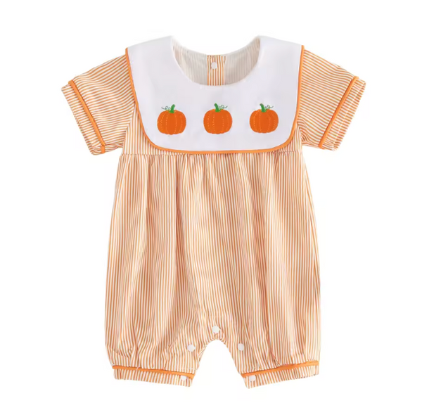 Smocked Shorts Romper | Pumpkins Stripe - PREORDER
