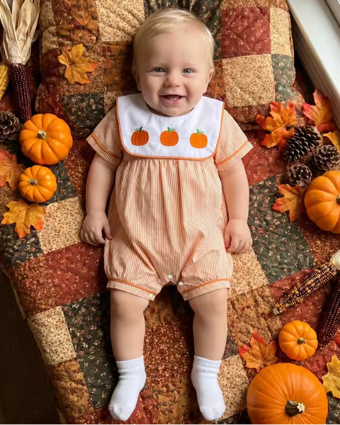 Smocked Shorts Romper | Pumpkins Stripe - PREORDER