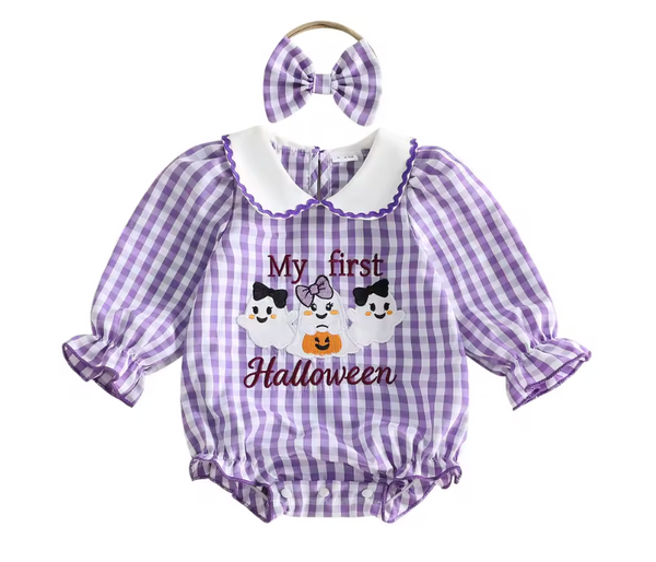 Smocked Collar Long Romper | My First Halloween Gingham - PREORDER