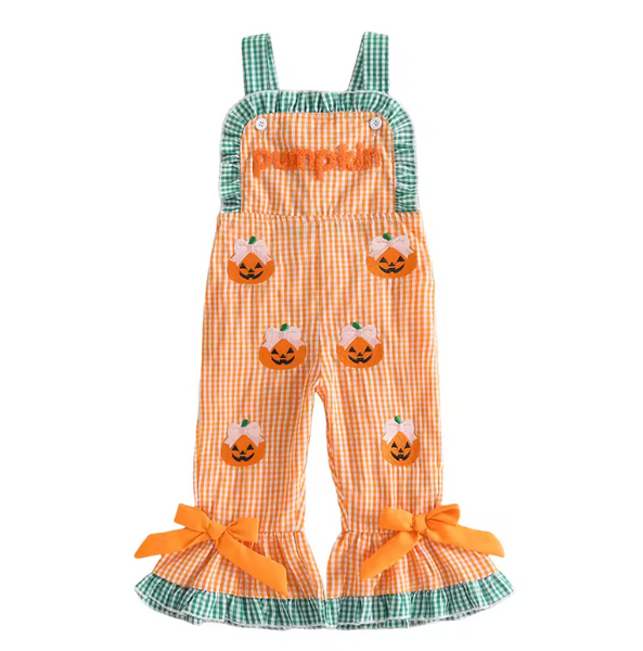 Waffle Ruffle Bells Jumpsuit | Pumpkin Bows Gingham - PREORDER