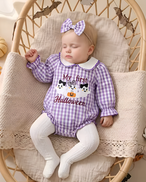 Smocked Collar Long Romper | My First Halloween Gingham - PREORDER