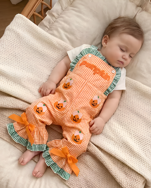 Waffle Ruffle Bells Jumpsuit | Pumpkin Bows Gingham - PREORDER