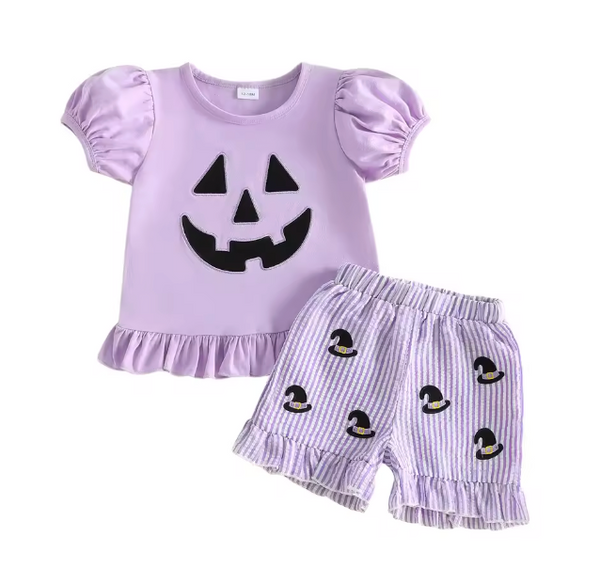 Ruffle Top & Shorts Set | Purple Stripe Pumpkin Face - PREORDER