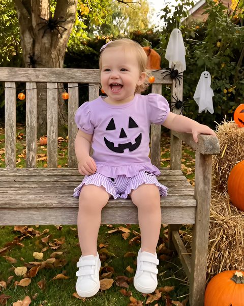 Ruffle Top & Shorts Set | Purple Stripe Pumpkin Face - PREORDER
