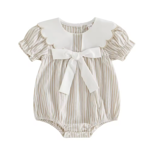 Smocked Scalloped Collar Romper | Tan Stripe - PREORDER