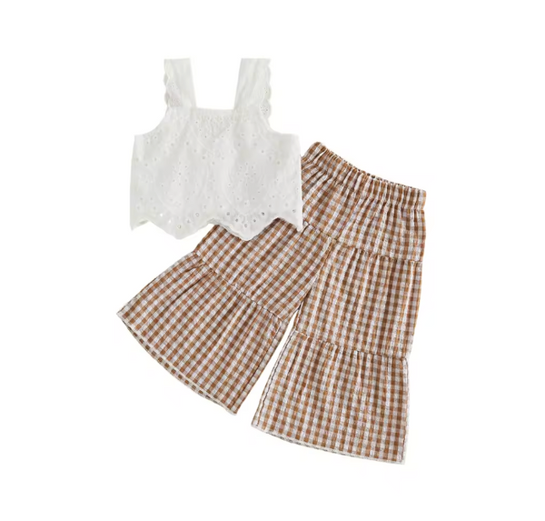 Top & Wide Leg Pants Set | Brown Lace Gingham - PREORDER