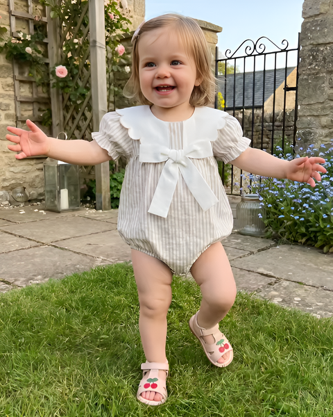 Smocked Scalloped Collar Romper | Tan Stripe - PREORDER