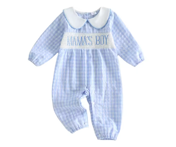 Smocked Long Collar Romper | Mamas Boy Blue - PREORDER