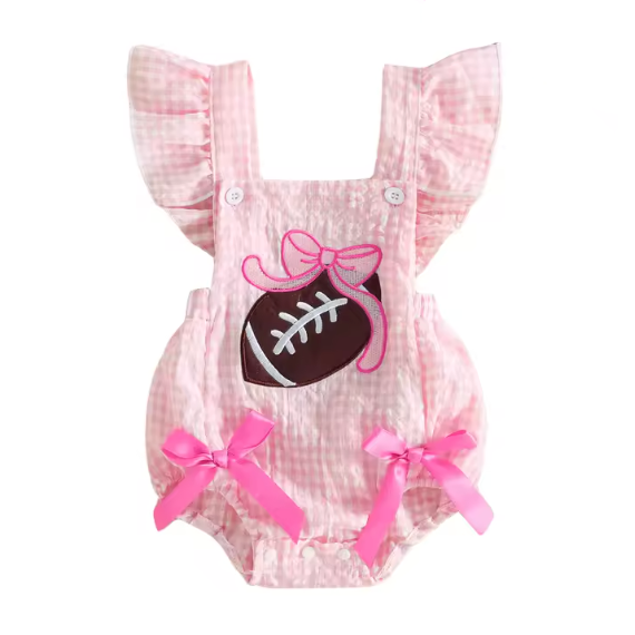 Embroidered Smocked Romper | Football Bow Gingham - PREORDER