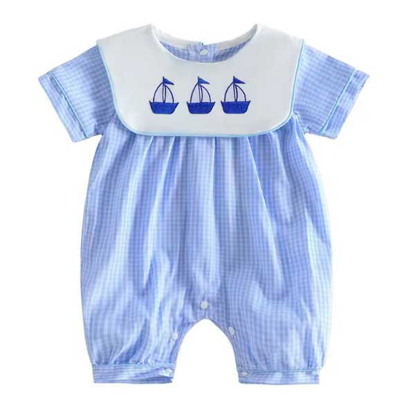 Embroidered Smocked Shorts Romper | Sailboats Gingham - PREORDER