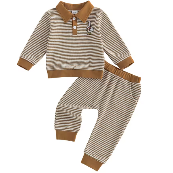 Embroidered Waffle Collar Top & Pants Set | Football Goose Stripe - PREORDER