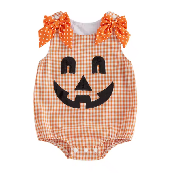Embroidered Smocked Tank Romper | Pumpkin Face Bows Gingham - PREORDER