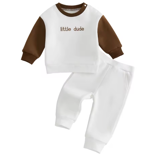 Embroidered Two Tone Jogger Fleece Set | Brown Little Dude - PREORDER