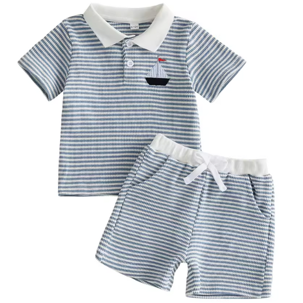 Embroidered Waffle Collar Top & Shorts Set | Sailboat Stripe - PREORDER