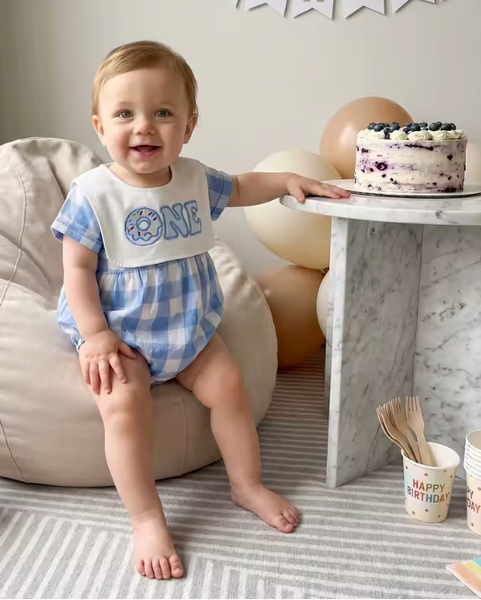 Smocked Collar Romper | Blue ONE Donut Gingham - PREORDER