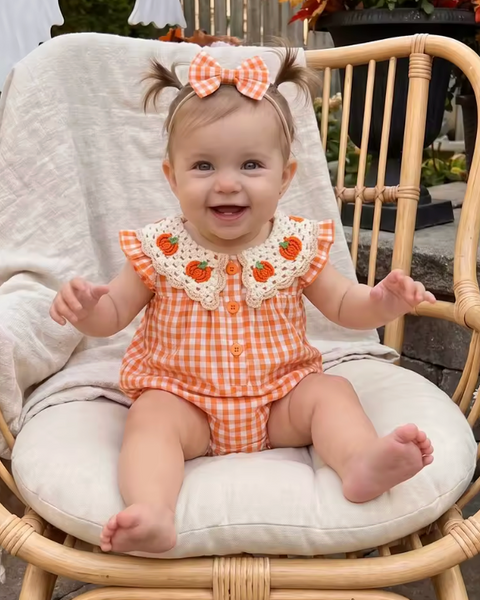 Smocked Romper | Pumpkin Crochet Gingham - PREORDER