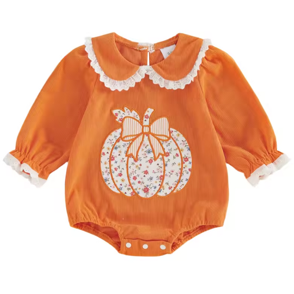 Embroidered Smocked Long Romper | Floral Pumpkin - PREORDER