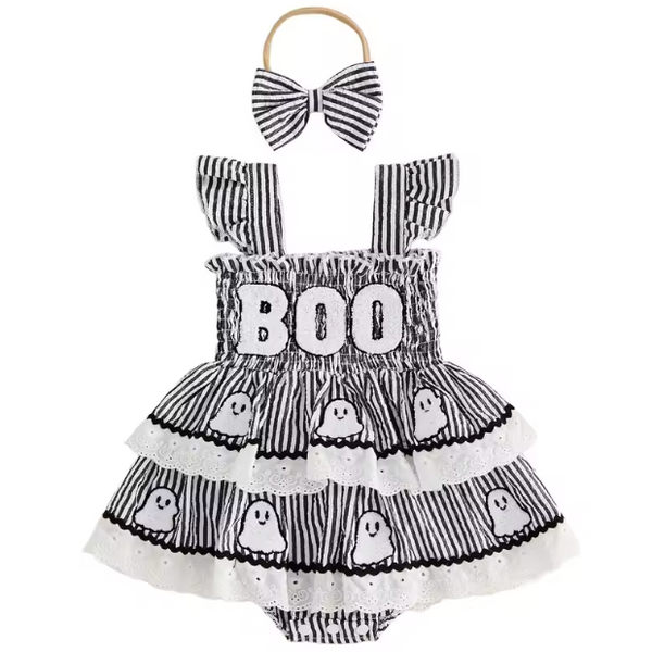 Embroidered Smocked Romper | BOO Stripes - PREORDER