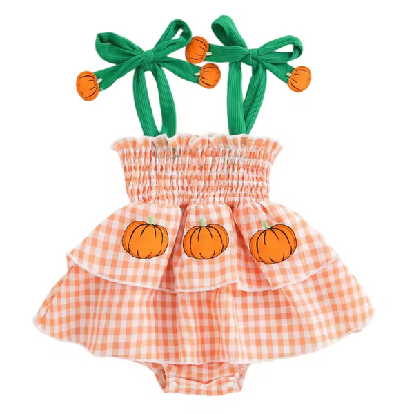 Embroidered Tutu Romper Dress | Pumpkins Gingham - PREORDER