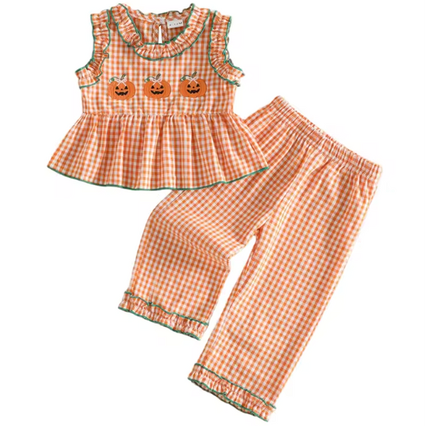 Embroidered Tank & Pants Set | Orange Pumpkins Gingham - PREORDER