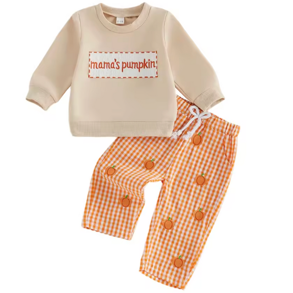 Embroidered Pullover & Pants Set | Mamas Pumpkin Gingham - PREORDER