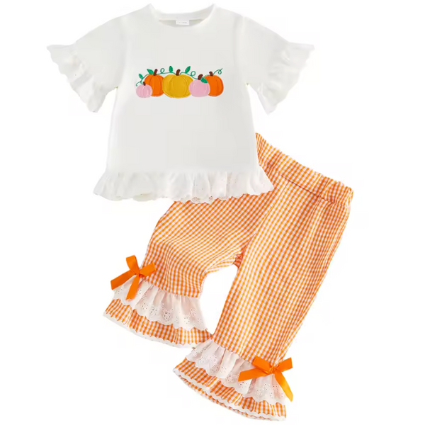 Embroidered Ruffle Lace Top & Pants Set | Pumpkins Gingham - PREORDER