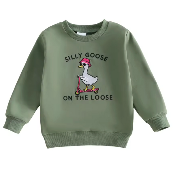 Embroidered Pullover | Green Silly Goose on the Loose - PREORDER