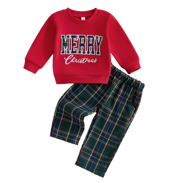 Pullover & Pants Set | Red Merry Christmas Plaid - PREORDER