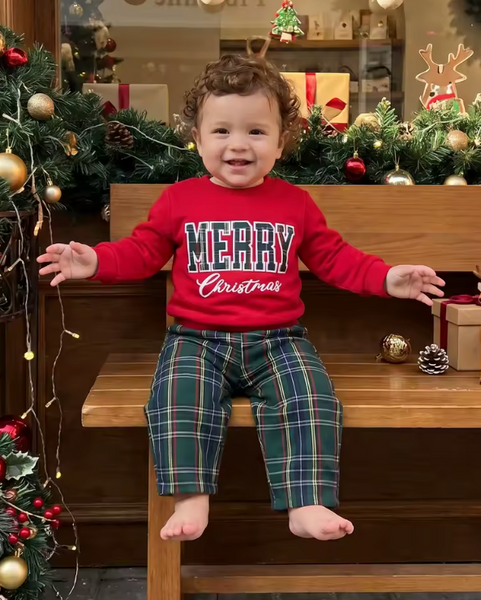 Pullover & Pants Set | Red Merry Christmas Plaid - PREORDER