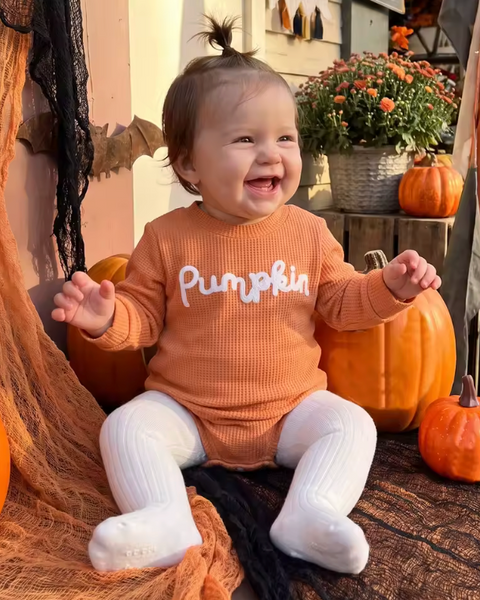 Waffle Bubble Long Romper | Orange Pumpkin - PREORDER