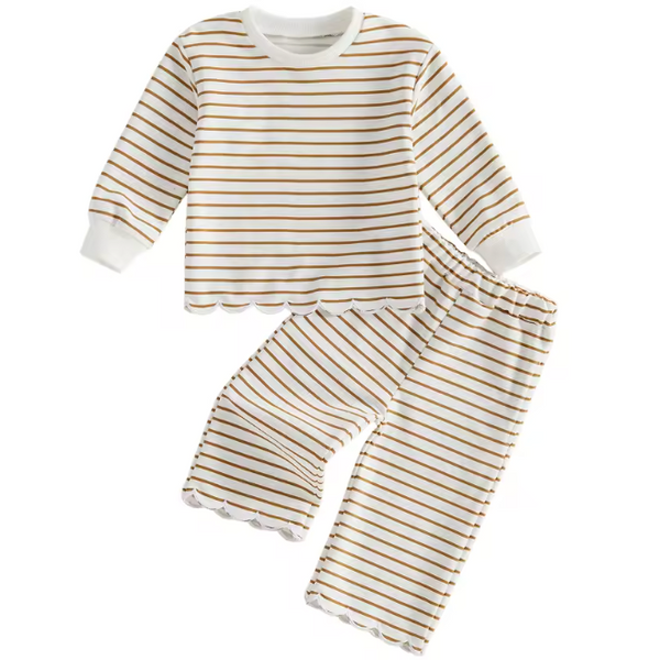 Scalloped Top & Pants Set | Brown Stripe - PREORDER
