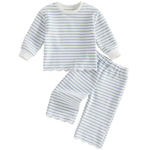 Scalloped Top & Pants Set | Blue Stripe - PREORDER