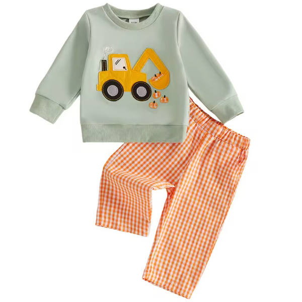 Embroidered Pullover & Pants Set | Excavator Pumpkins Gingham - PREORDER