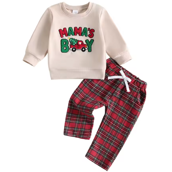 Embroidered Pullover & Pants Set | Mamas Boy Christmas Plaid - PREORDER