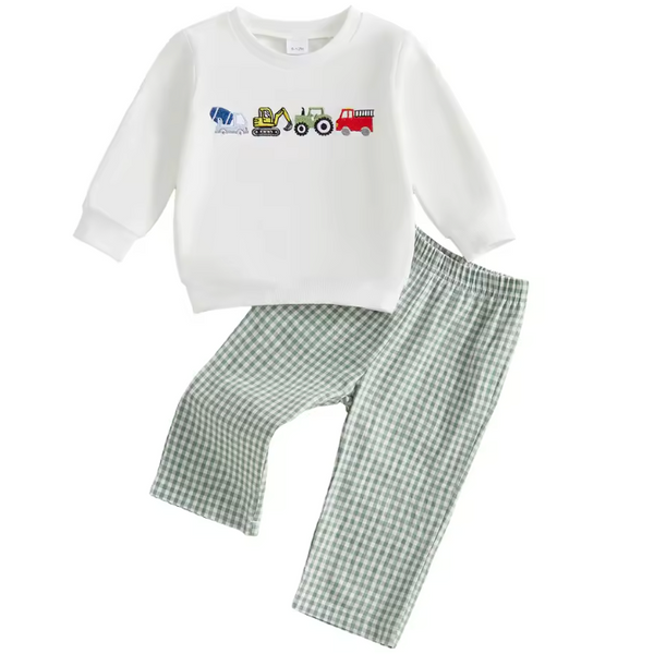 Embroidered Pullover & Pants Set | Work Trucks Gingham - PREORDER
