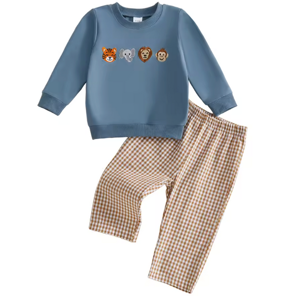 Embroidered Pullover & Pants Set | Zoo Animals Gingham - PREORDER