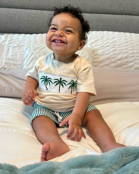 Embroidered Top & Shorts Set | Striped Palm Trees - PREORDER