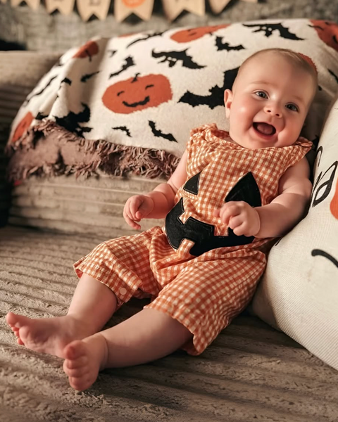 Smocked Tank Shorts Romper | Jack-o-Lantern Gingham - PREORDER