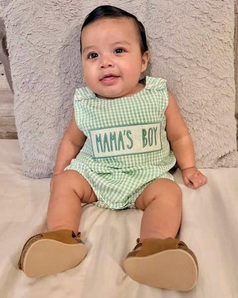 Embroidered Smocked Bubble Romper | Green Mamas Boy Gingham - PREORDER