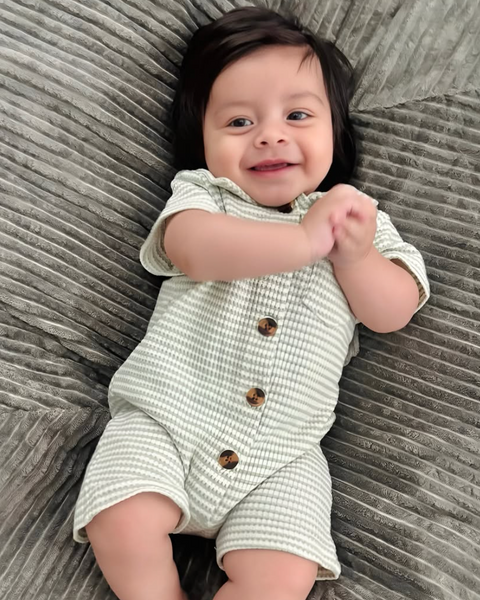 Waffle Collar Shorts Romper | Green Stripe - PREORDER