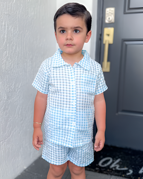 Pointelle Collar Top & Shorts Set | Gingham Blue - PREORDER