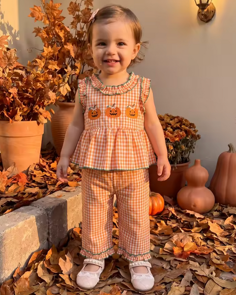 Embroidered Tank & Pants Set | Orange Pumpkins Gingham - PREORDER