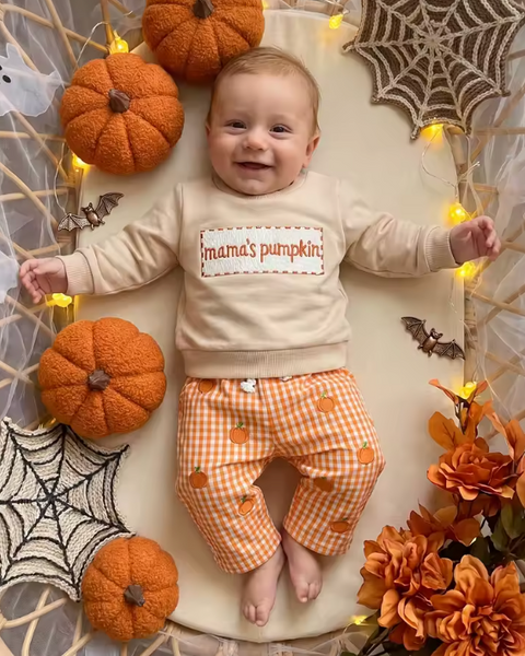Embroidered Pullover & Pants Set | Mamas Pumpkin Gingham - PREORDER
