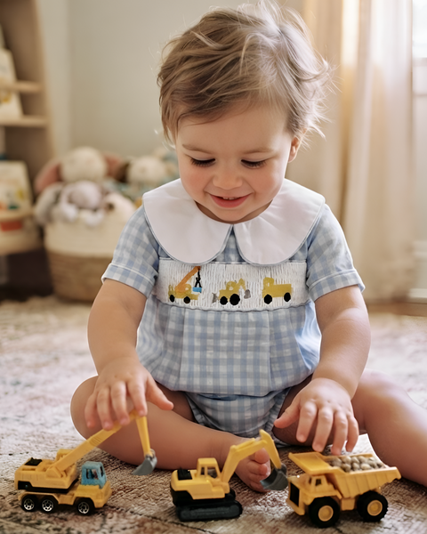 Embroidered Smocked Collar Romper | Construction Trucks Gingham - PREORDER