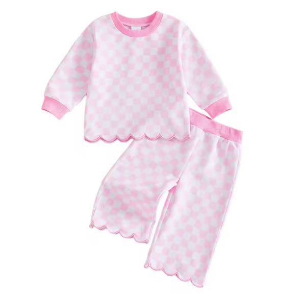 Embroidered Scalloped Top & Pants Set | Pink Checkerboard - PREORDER