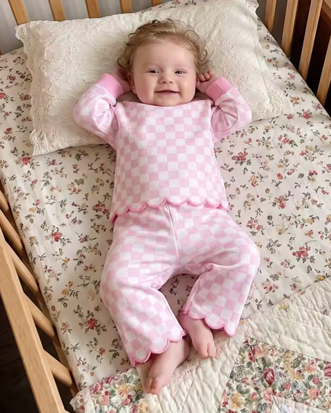 Embroidered Scalloped Top & Pants Set | Pink Checkerboard - PREORDER