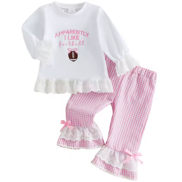 Embroidered Ruffle Lace Top & Pants Set | Pink Apparently I like Football Gingham - PREORDER